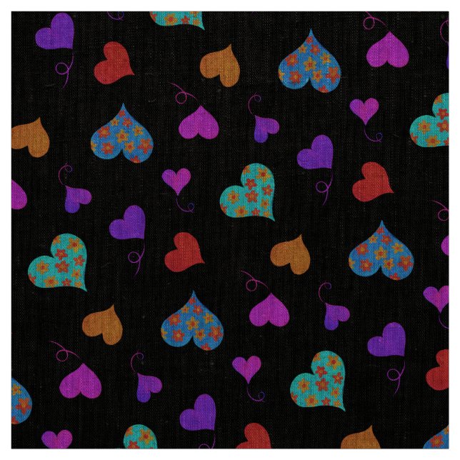 Colourful Heart Pattern - Cute Cheerful Girly Blac Fabric (Swatch)