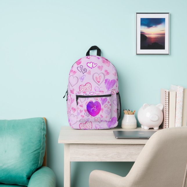 Colourful Heart Pattern Initial Letter Monogram Printed Backpack (Insitu)