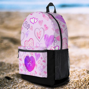 Colourful Heart Pattern Initial Letter Monogram Printed Backpack