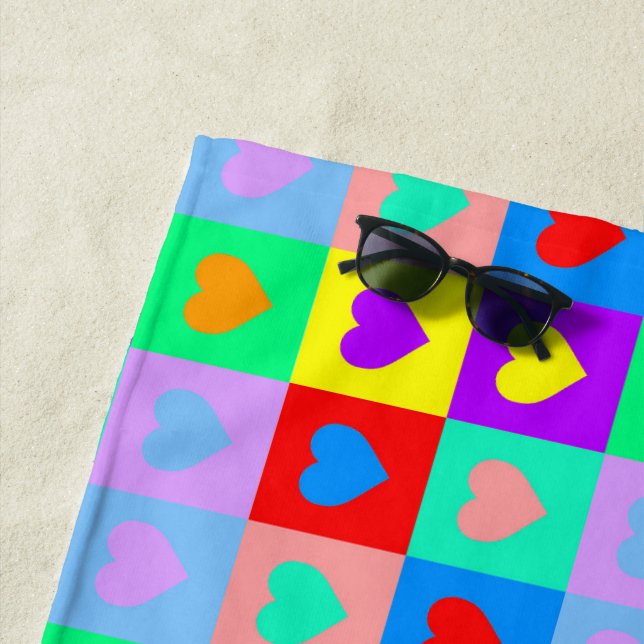 Colourful Heart Pattern Pop Art   Beach Towel (In Situ)