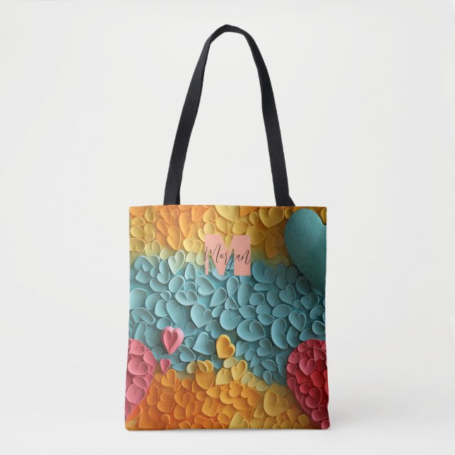 Colourful Heart Pattern Tote Bag with Custom Name (Front)