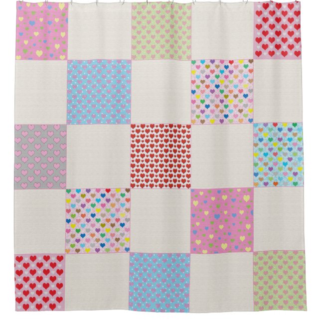 Colourful heart quilt pattern shower curtain (Front)