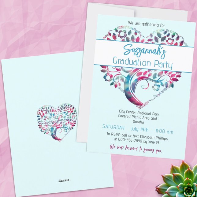 Colourful Heart Shaped Tree Graduation Party Invitation (front and back of template invitation)