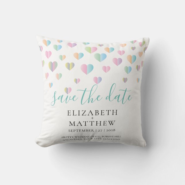 Colourful Heart Speckles Save the Date Design Cushion (Front)