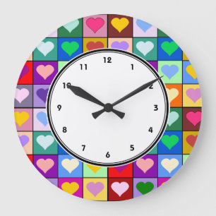 Colourful Heart Squares wall clock with numbers