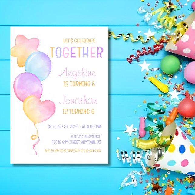 Colourful Heart Star Balloon Joint Birthday Invitation (Creator Uploaded)