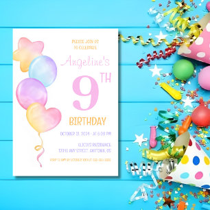 Colourful Heart Star Balloon Kids Birthday Invitation