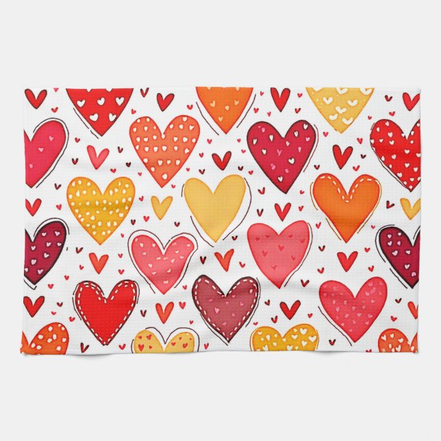 Colourful Heartfelt Love Pattern Design Tea Towel (Horizontal)