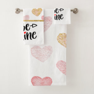Colourful hearts and black text be mine bath towel set