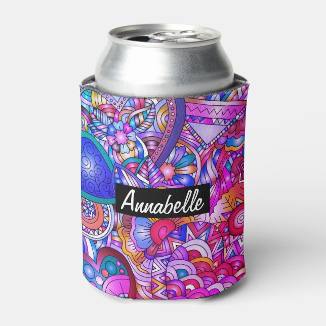 Colourful Hearts and Flowers Abstract Personalised Can Cooler (Can Front)