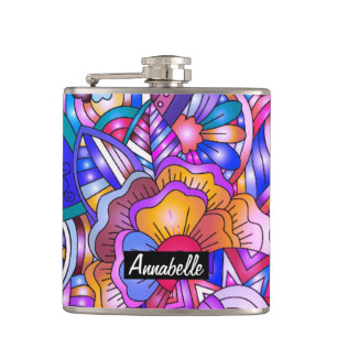 Colourful Hearts and Flowers Abstract Personalised Hip Flask