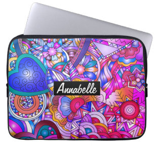 Colourful Hearts and Flowers Abstract Personalised Laptop Sleeve