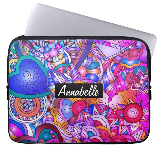 Colourful Hearts and Flowers Abstract Personalised Laptop Sleeve (Front)