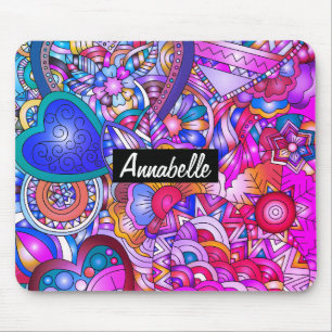 Colourful Hearts and Flowers Abstract Personalised Mouse Pad