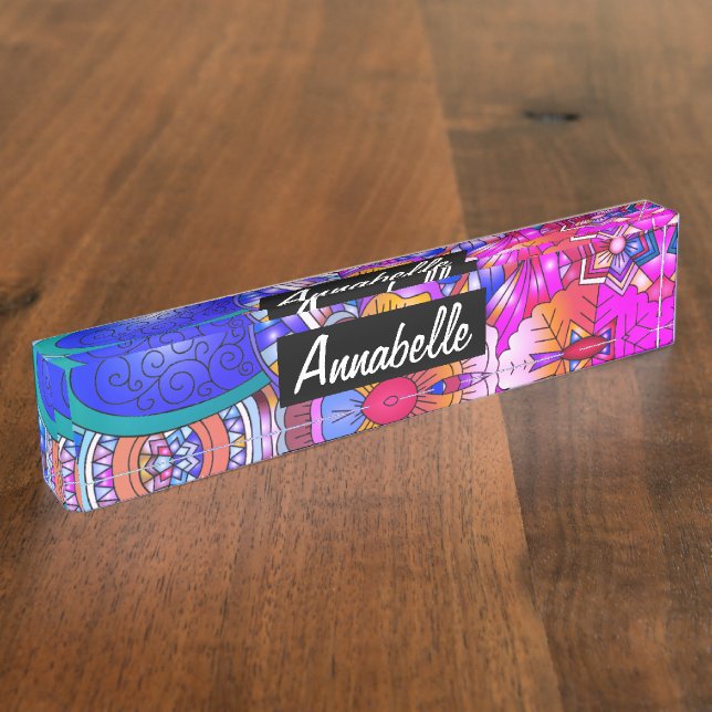 Colourful Hearts and Flowers Abstract Personalised Nameplate (Side)