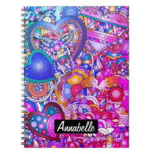 Colourful Hearts and Flowers Abstract Personalised Notebook