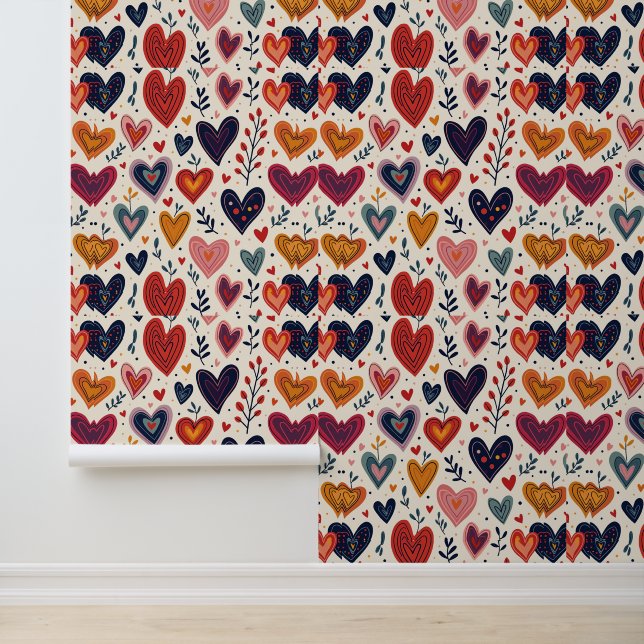 Colourful Hearts and Leaves Pattern Design Wallpaper (Application)