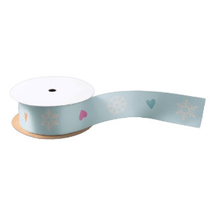Colourful hearts and snowflakes light blue satin ribbon