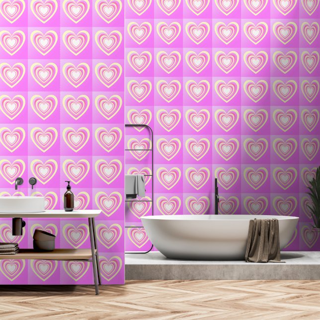 Colourful Hearts Art Pink Yellow Elegant Pattern Wallpaper (Bathroom)