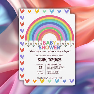 Colourful Hearts Meet Retro Rainbow Baby Shower Invitation
