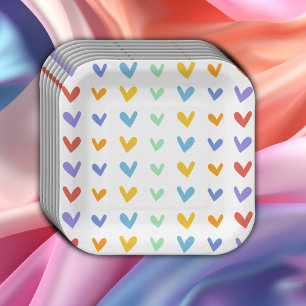 Colourful Hearts Meet Retro Rainbow Baby Shower Paper Plate