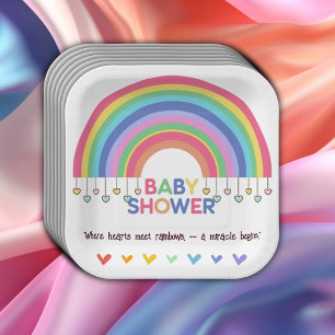 Colourful Hearts Meet Retro Rainbow Baby Shower Paper Plate