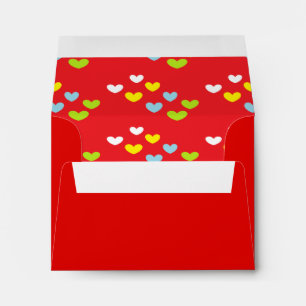 Colourful hearts on red envelope