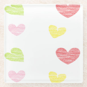 Colourful hearts on white glass coaster