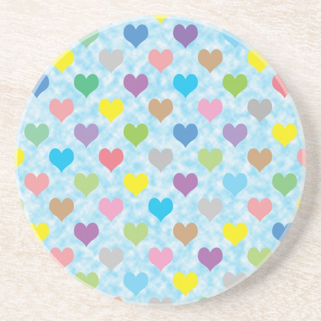 Colourful hearts pattern on blue background coaster (Front)