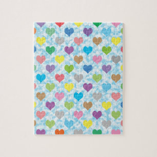 Colourful hearts pattern on blue background jigsaw puzzle