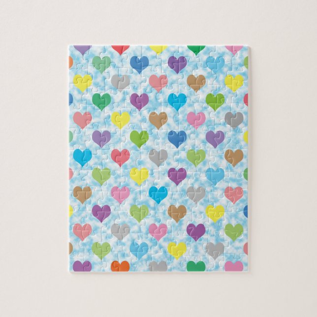 Colourful hearts pattern on blue background jigsaw puzzle (Vertical)