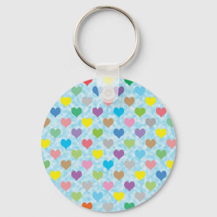 Colourful hearts pattern on blue background key ring