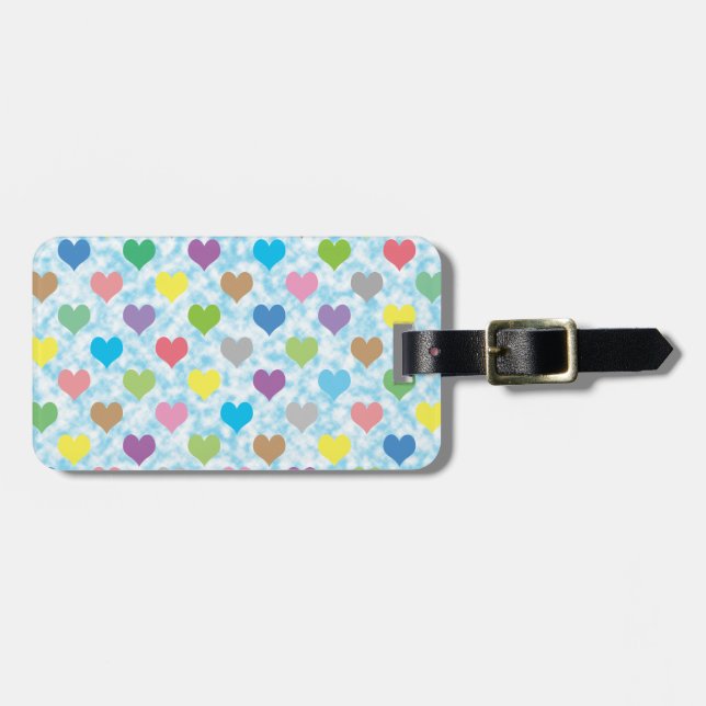 Colourful hearts pattern on blue background luggage tag (Front Horizontal)