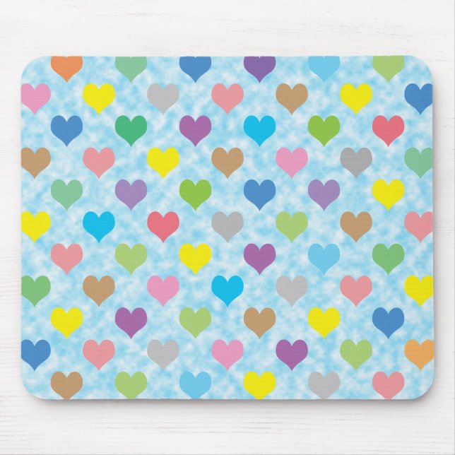 Colourful hearts pattern on blue background mouse pad (Front)