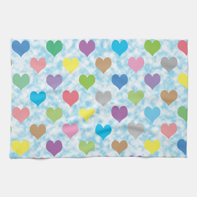 Colourful hearts pattern on blue background tea towel (Horizontal)