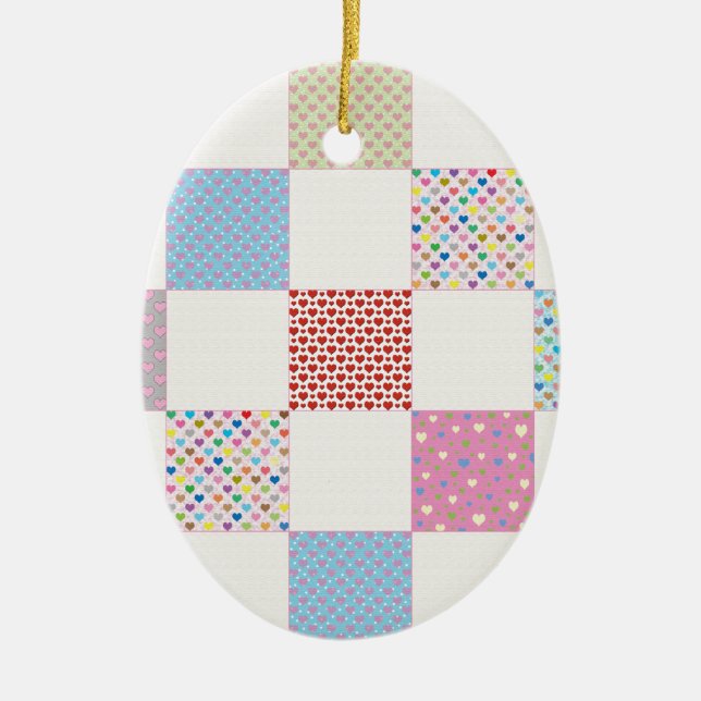 Colourful hearts quilt pattern ceramic tree decoration (Front)