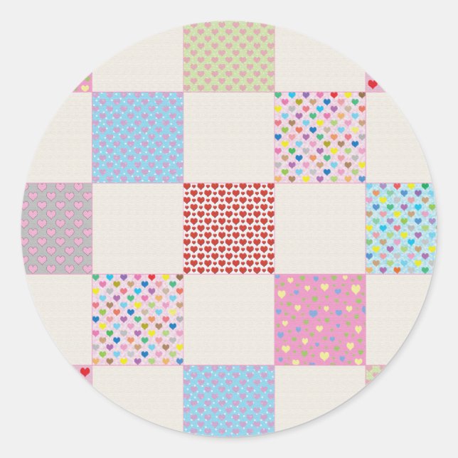 Colourful hearts quilt pattern classic round sticker (Front)