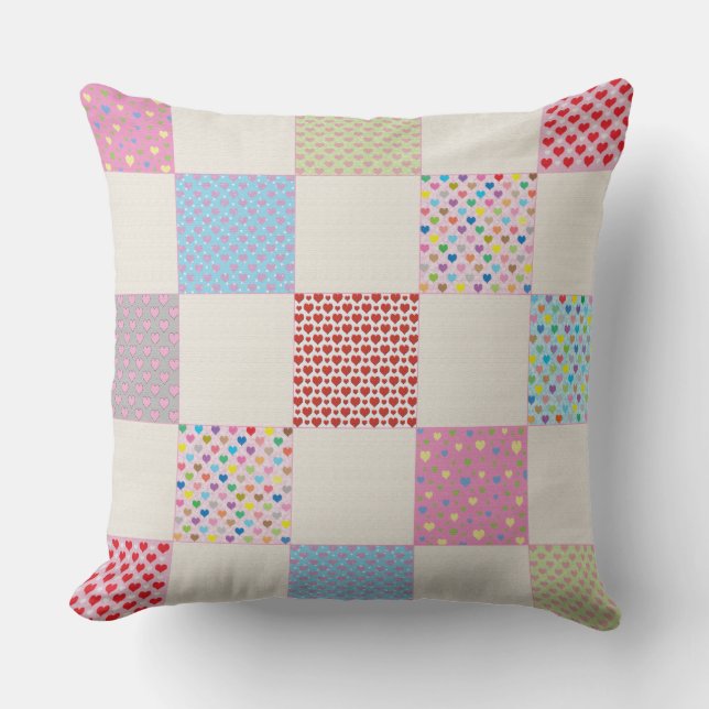 Colourful hearts quilt pattern cushion (Front)