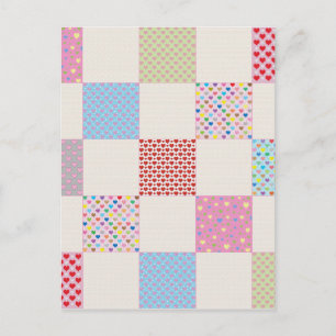 Colourful hearts quilt pattern postcard