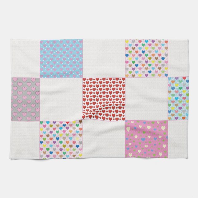 Colourful hearts quilt pattern tea towel (Horizontal)