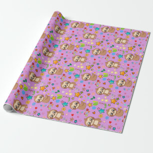 Colourful Hearts Stars Sloth Pattern Baby Birthday Wrapping Paper