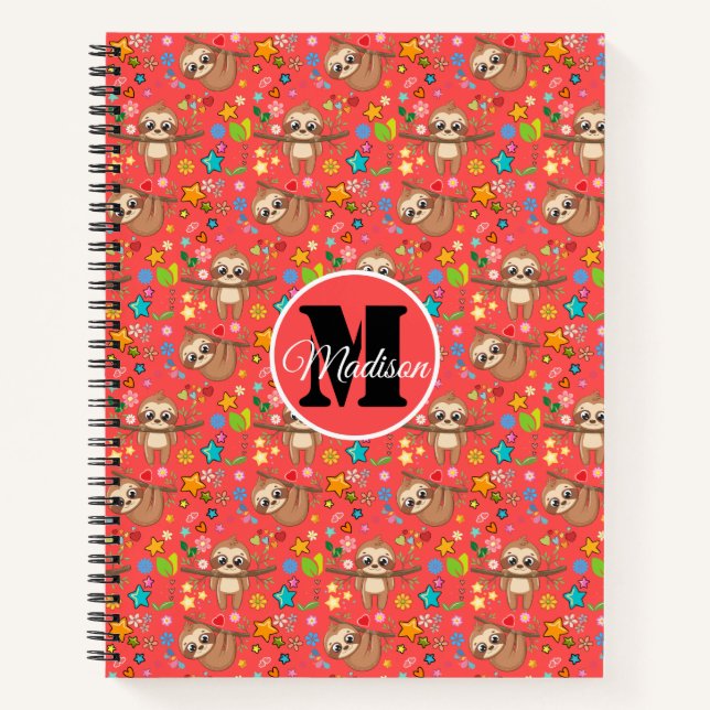 Colourful Hearts Stars Sloth Pattern Personalised Notebook (Front)