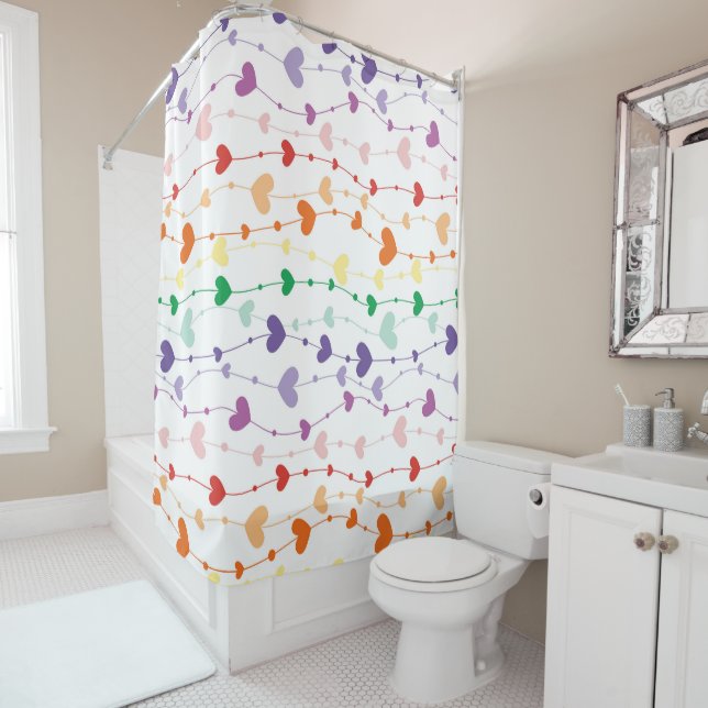 Colourful Hearts Wavy Pattern Bathroom Decor Shower Curtain (In Situ)