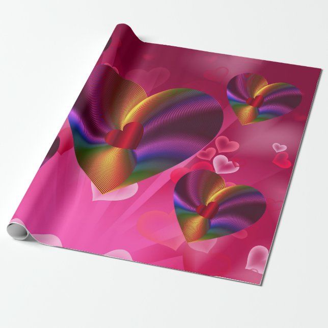 Colourful Hearts Within Hearts Pink Wrapping Paper (Unrolled)