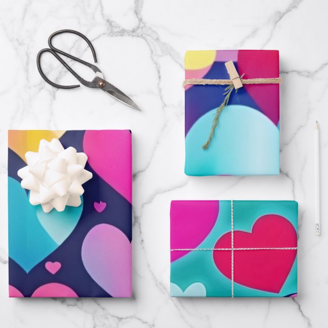 Colourful Hearts Wrapping Paper Flat Sheet Set of  (Front)