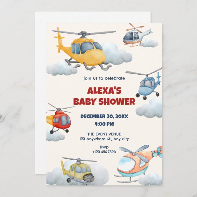 Colourful helicopter baby shower Invitation (Front/Back)