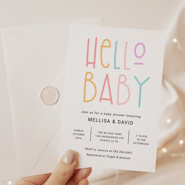 Colourful Hello Baby Shower Invitation  (Creator Uploaded)