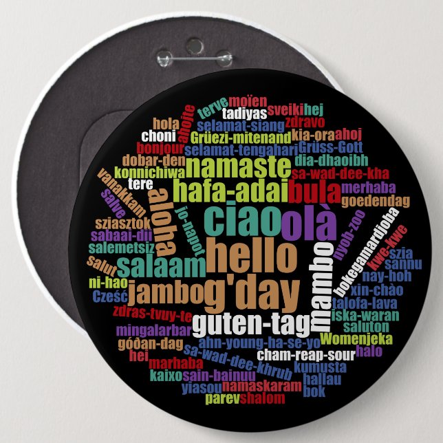 Colourful Hello in Many Languages Word Cloud 6 Cm Round Badge (Front & Back)