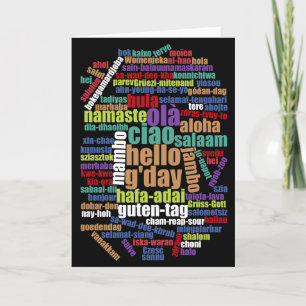 Colourful Hello in Many Languages Word Cloud Card