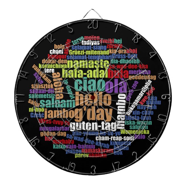 Colourful Hello in Many Languages Word Cloud Dartboard (Front)